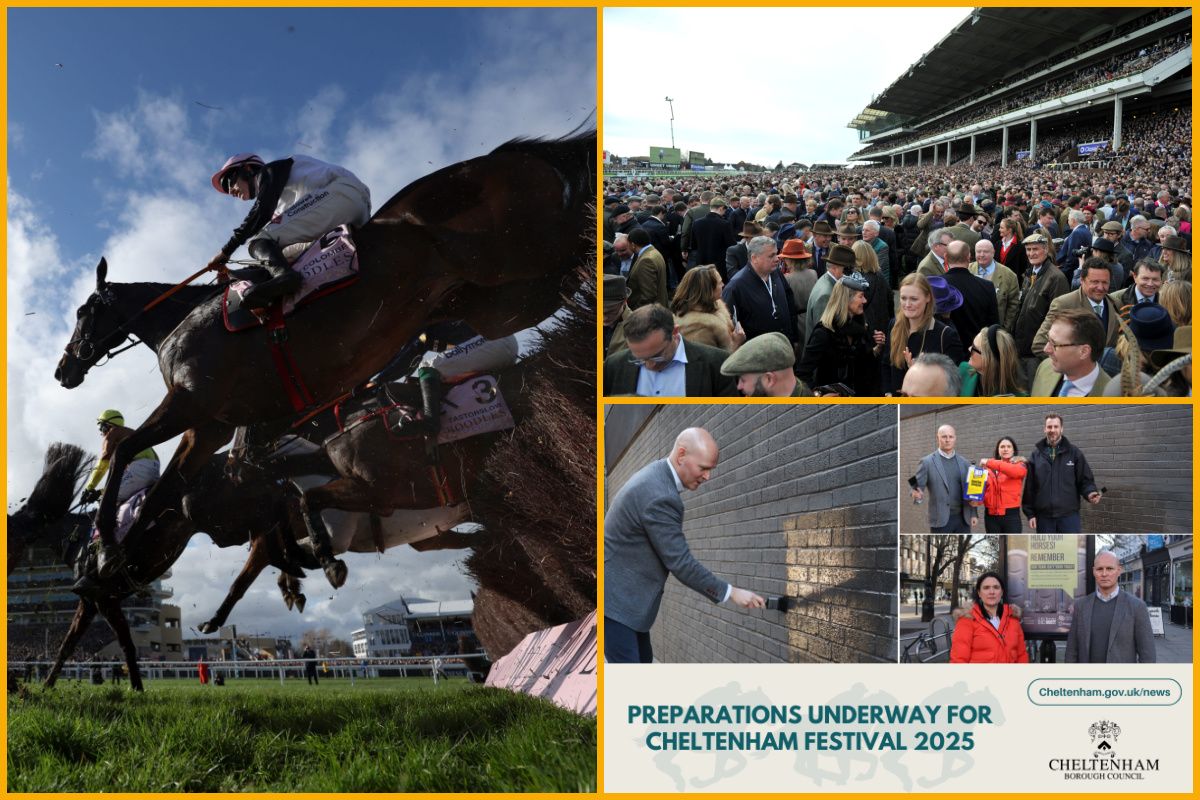 Images (left to right) horse racing, crowds at The Cheltenham Festival, Cheltenham Borough Council preparations ahead of The Cheltenham Festival.